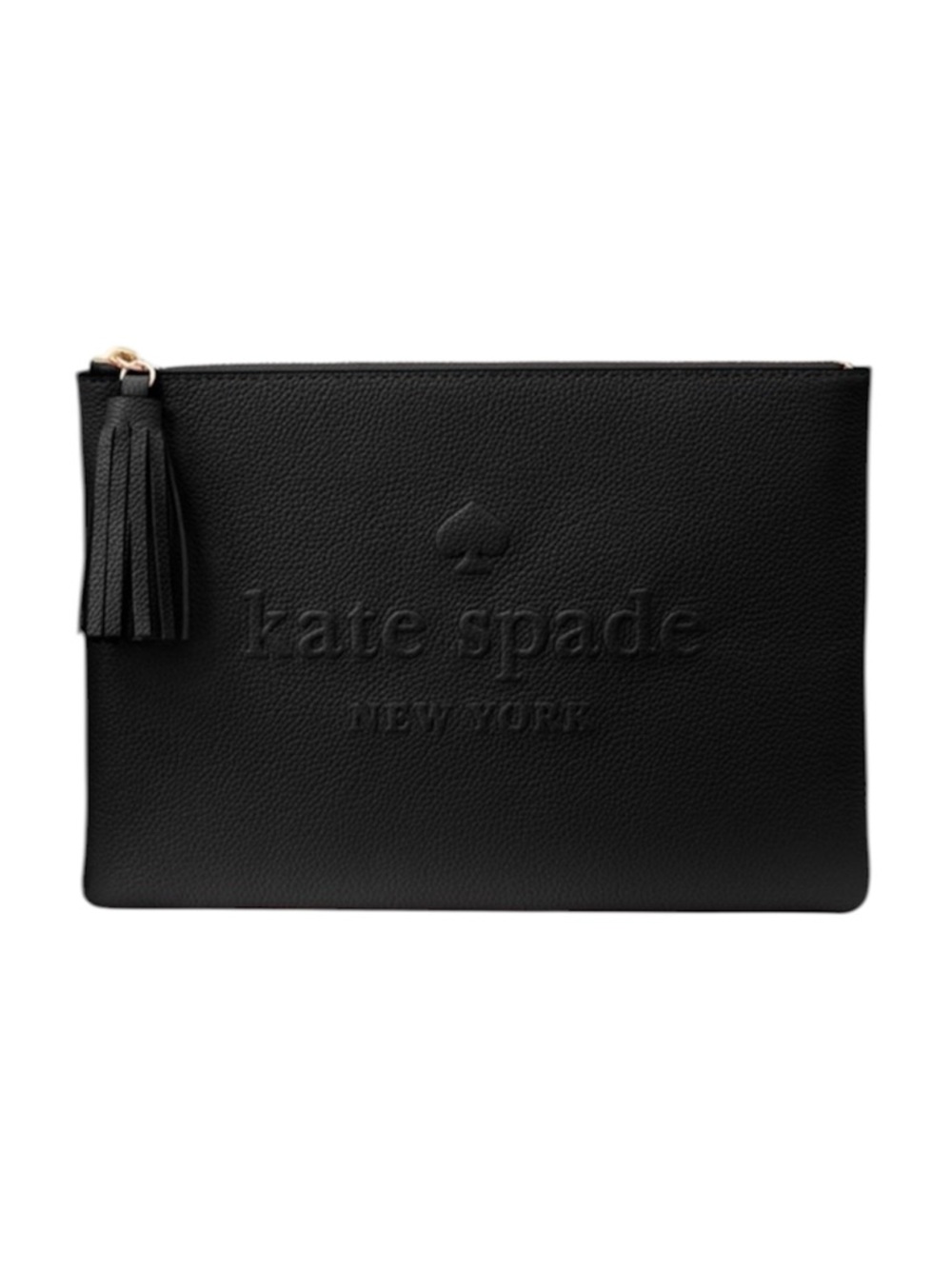 Kate Spade Larchmont avenue Black Pebbled Leather Tassel logo pouch clutch